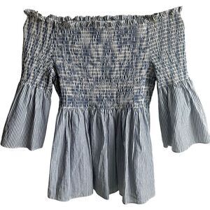 Zara Top Blue/White Stripe Off Shoulder‎ Smocked Coquette Medium